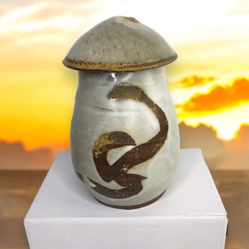 Studio Stoneware Art Mushroom Shape Pot Jar Pottery Vase Lid Glazed Gray Brown